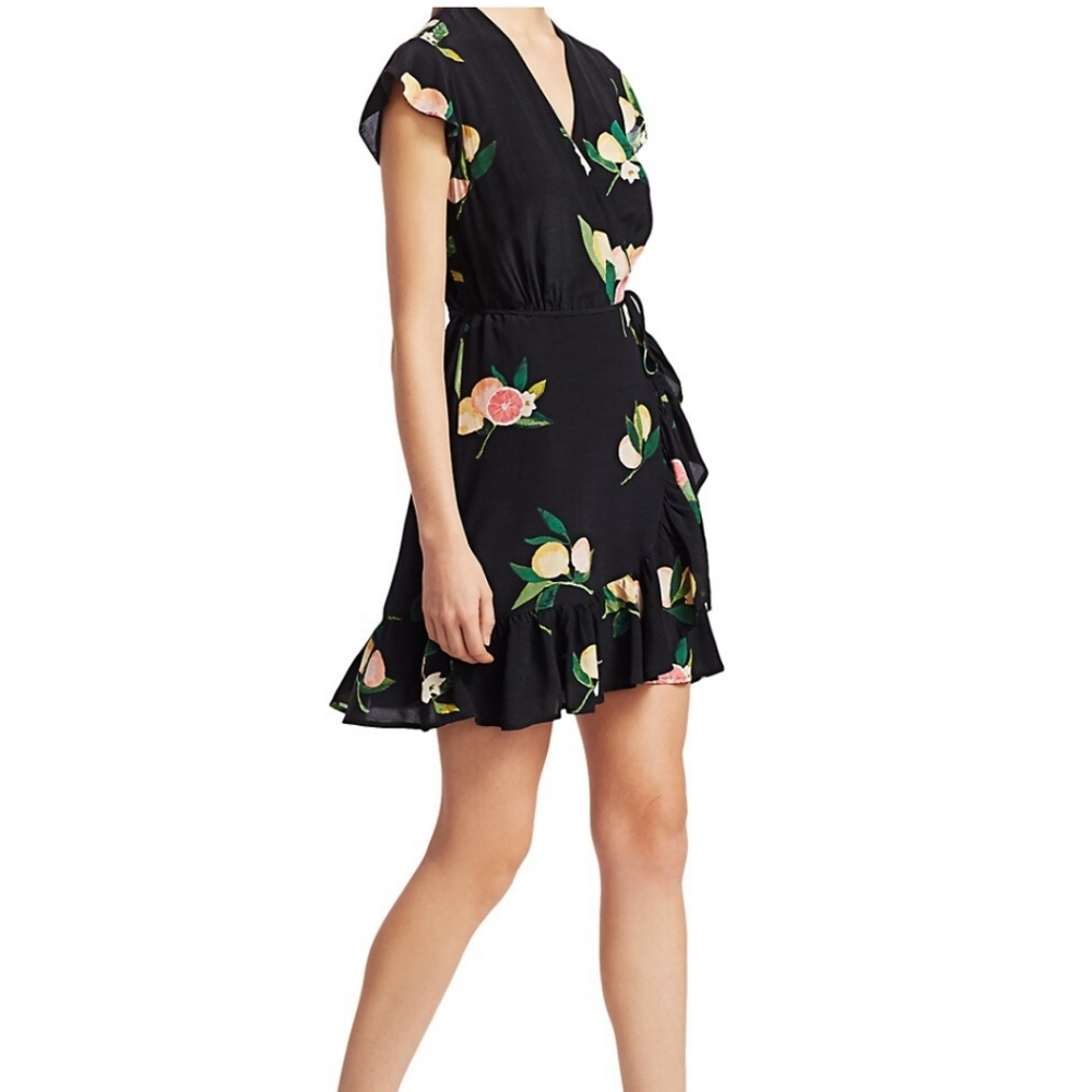 Rails Koreen Black Grapefruit Wrap Dress XS Fruit Print Mini Flutter Sleeve